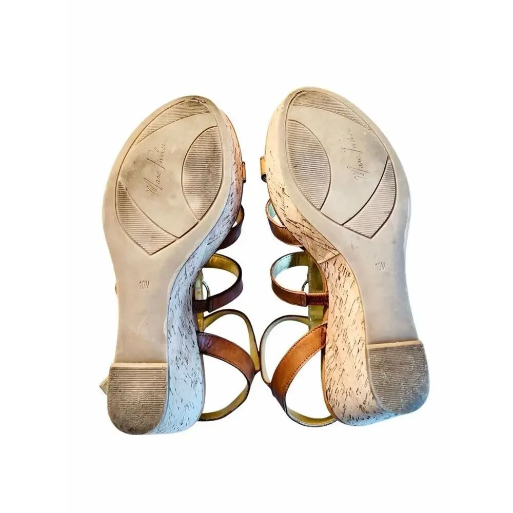 Marc Fisher Genny Brown Leather Strappy Wedge‎ Sandals Gold Metallic Details 10M